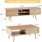 Coffee Table and TV Stand Set of 2, Boho TV Console Coffee Table Set with Sliding Doors, Entertainment Center Set for Living Room (Natural)