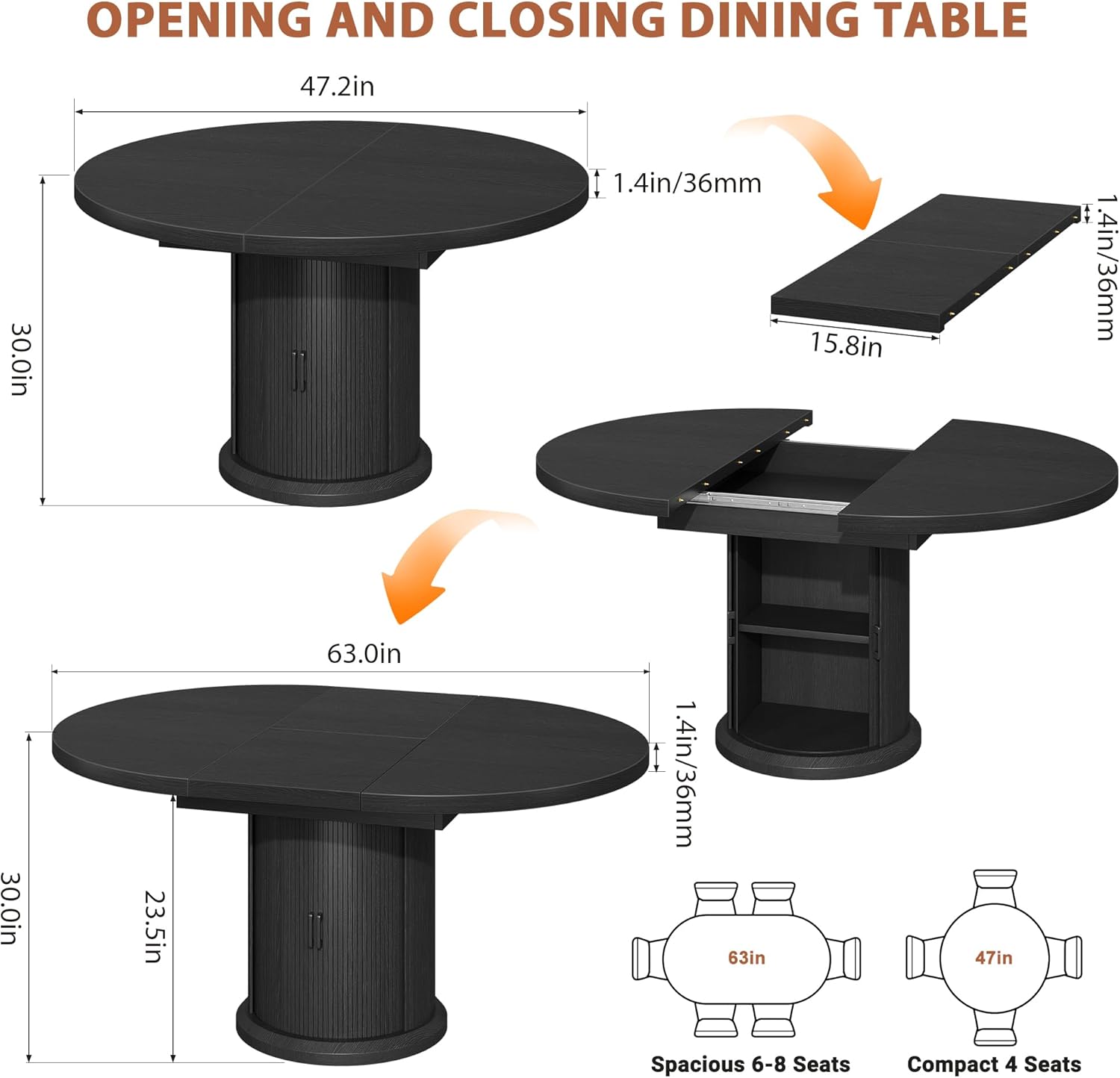 Jocoevol 47″–63″ Extendable Round Dining Table for 4–8 with Dust-Proof 2-Tier Storage Shelf Space-Saving Expandable Dining Room Table Wood Oval Circle Dining Table with Pedestal Base (Deep Black)