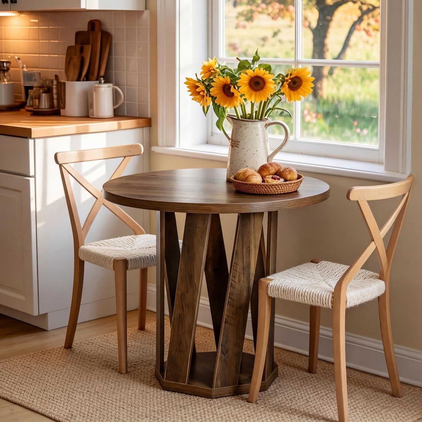 Tribesigns Small Round Dining Table for 2-4 People, 31.5-Inch Farmhouse Wooden Circle Kitchen Table for Dining Room, Small Space, Living Room, Rustic Brown