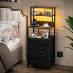 Furnulem Night Stand Set 2 with Charging Station, 46" Black Bedside Table | RGB LED Lights, 4-Tier Storage Shelves & 3 Fabric Drawers, Metal Frame, Wood Desktop, Easy Assembly for Bedroom Hallway Dorm