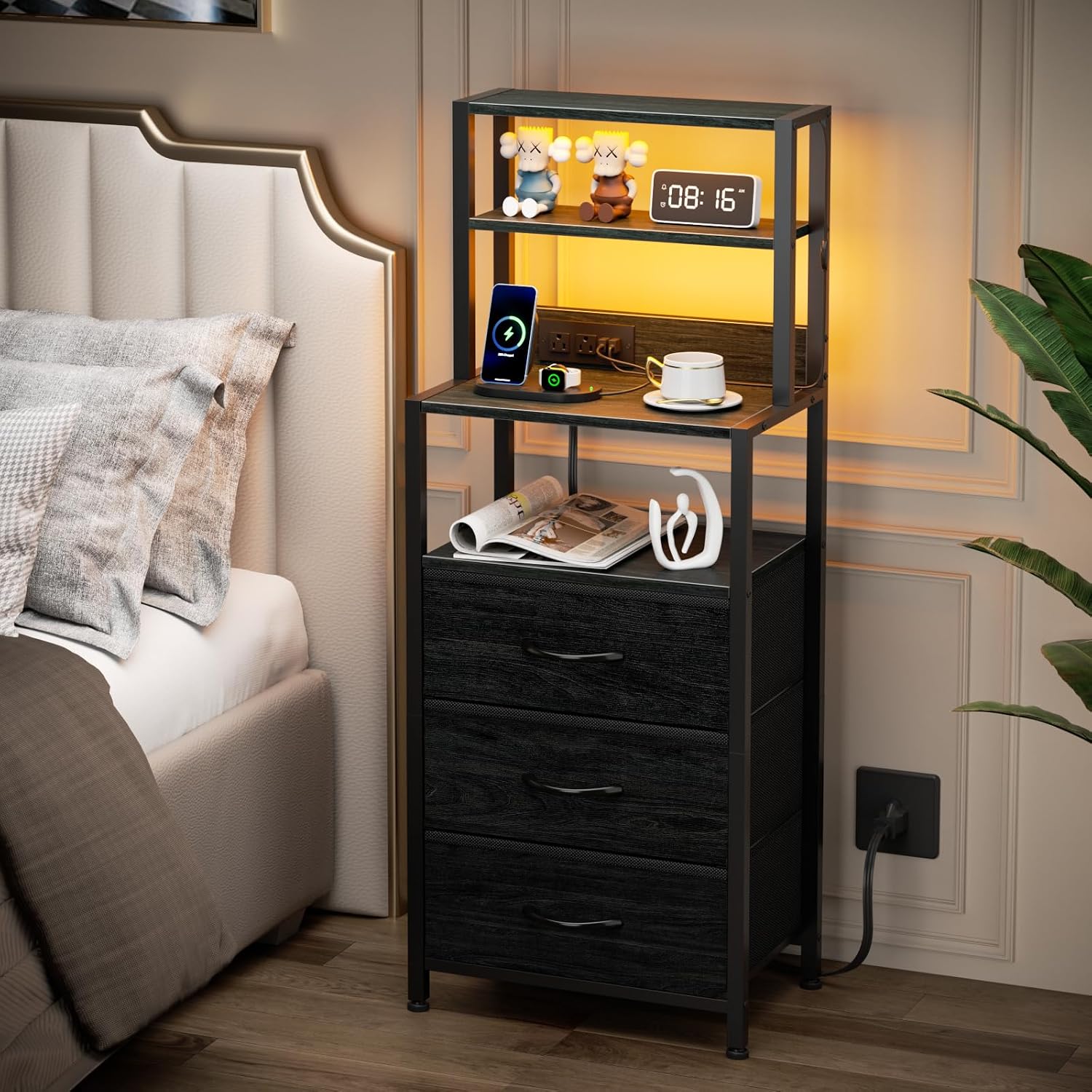 Furnulem Night Stand Set 2 with Charging Station, 46" Black Bedside Table | RGB LED Lights, 4-Tier Storage Shelves & 3 Fabric Drawers, Metal Frame, Wood Desktop, Easy Assembly for Bedroom Hallway Dorm