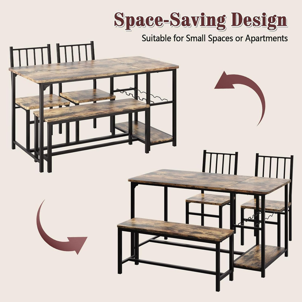 Dining Table Set for 4 with Bench, 55" Kitchen Table and Chairs Set with Wine Rack, Glass Holder & Storage Shelves, Space Saving Dining Room Table Set for Small Kitchen, Apartment, Rustic Brown