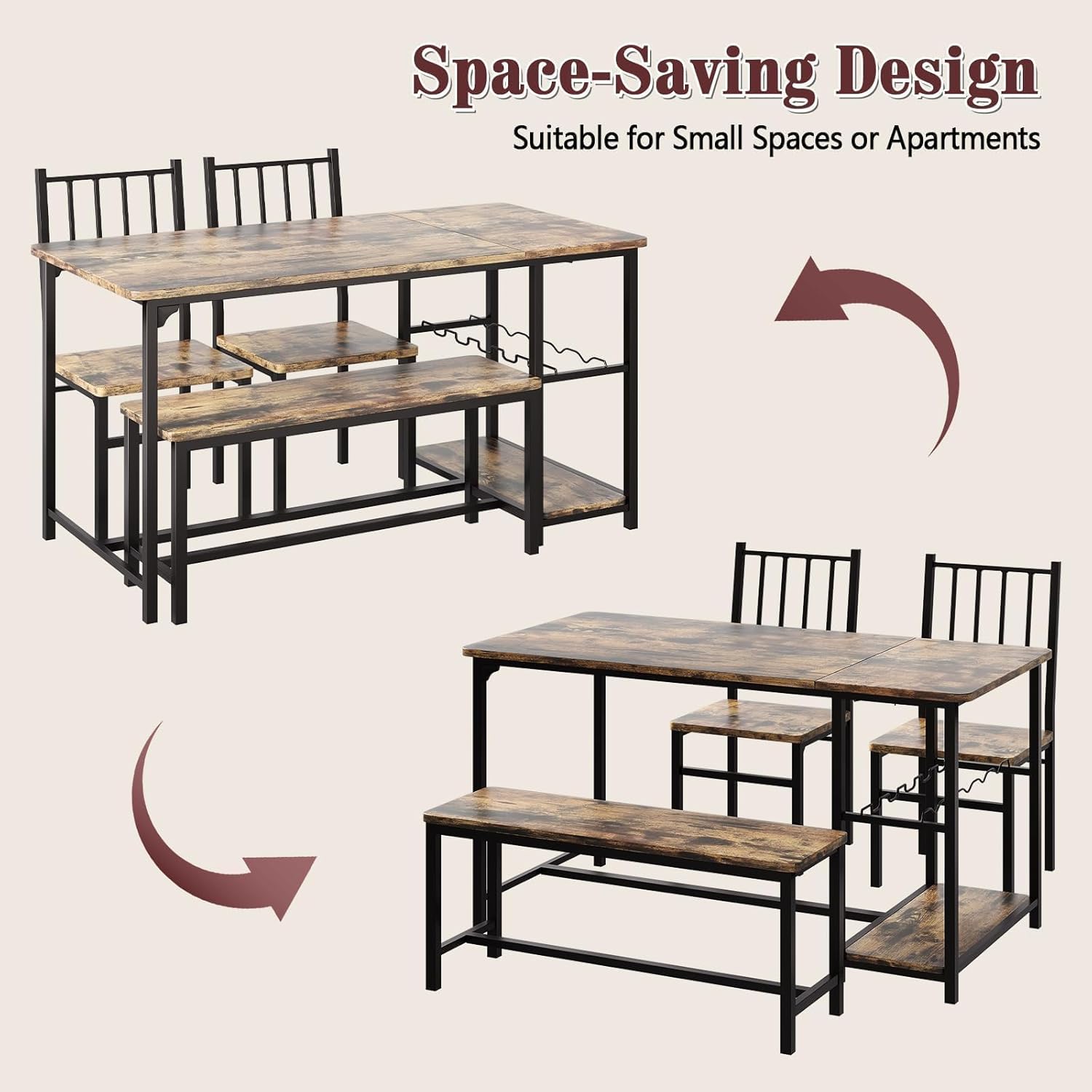 Dining Table Set for 4 with Bench, 55" Kitchen Table and Chairs Set with Wine Rack, Glass Holder & Storage Shelves, Space Saving Dining Room Table Set for Small Kitchen, Apartment, Rustic Brown