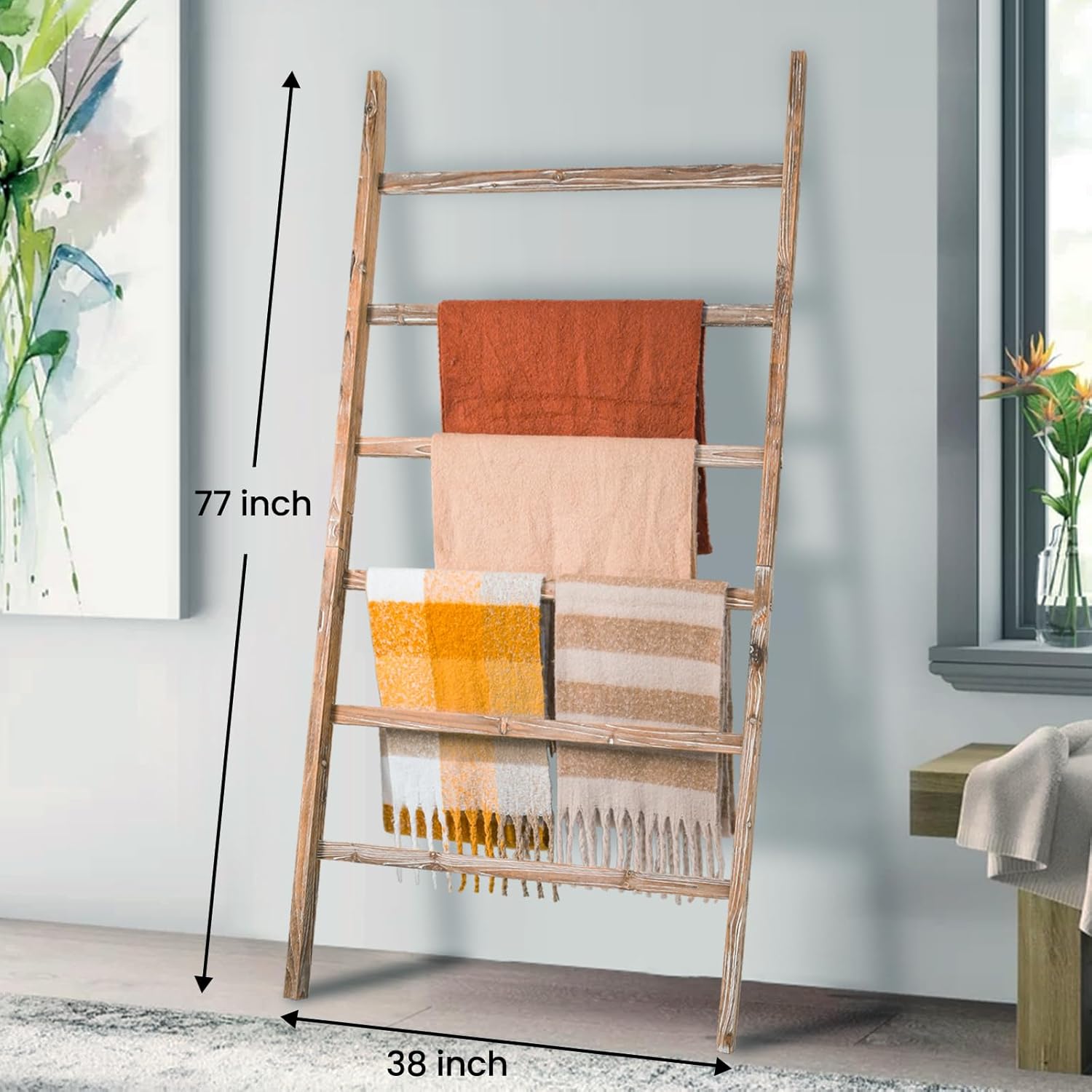 Blanket Ladder Shelf 6.4FT, 38 inch Wide Solid Wooden Blanket Ladder for Living Room, 6-Layer Farmhouse Rustic Quilt Rack for Living Room Bathroom