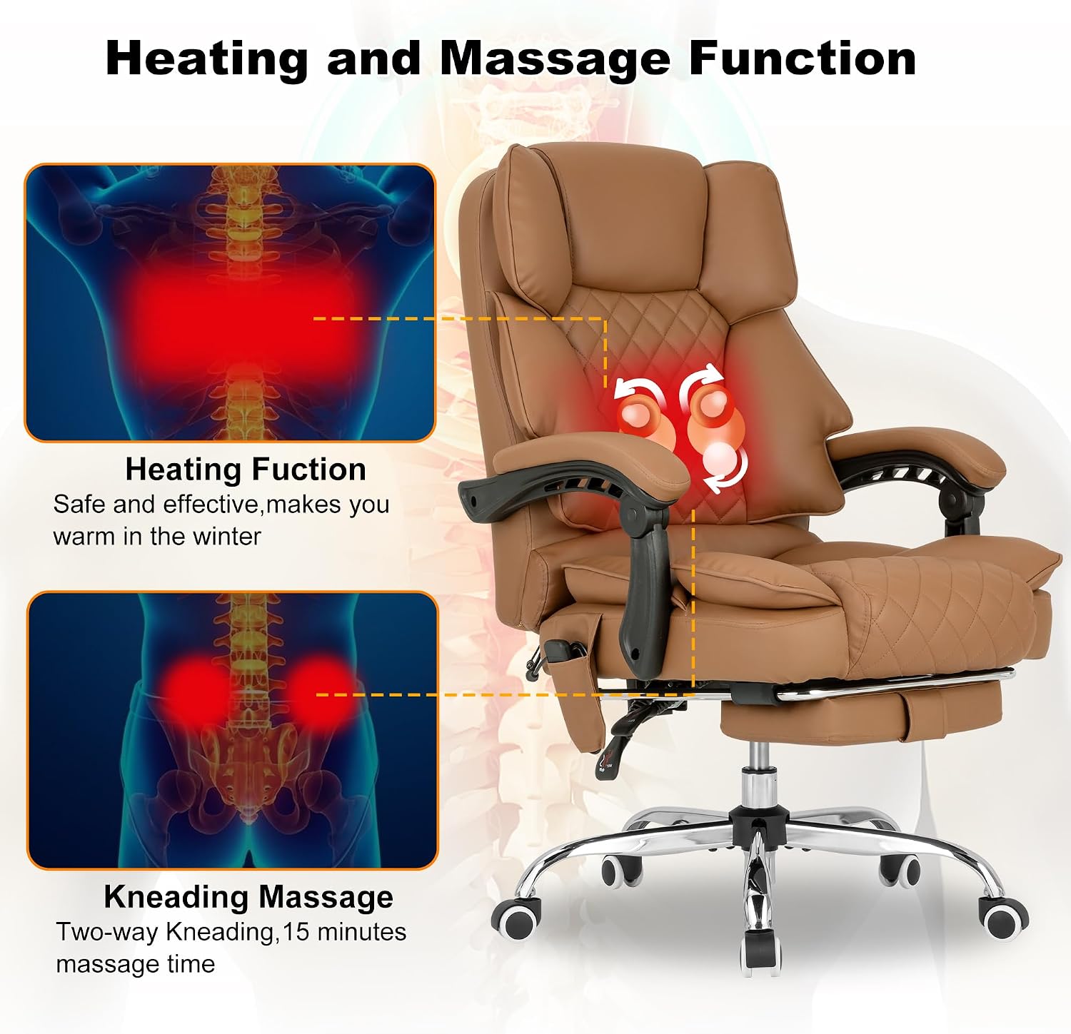 Kneading Massage Executive Office Chair with Heated,90-135° Reclining Office Chair with Footrest,Computer Desk Chair with Wheels,Diamond-Stitched Cushion Leather Office Chair (Brown)
