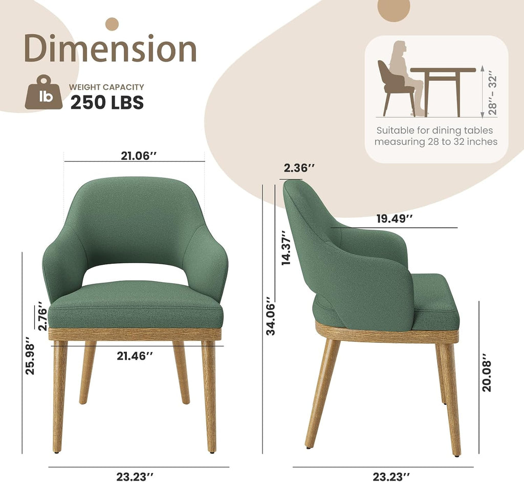 MALOL Wooden Dining Chairs Set of 2, Modern Fabric Upholstered Dining Room Chair, Kitchen Side Chairs, Farmhouse Dinner Chair with Open Back for Kitchen, Green