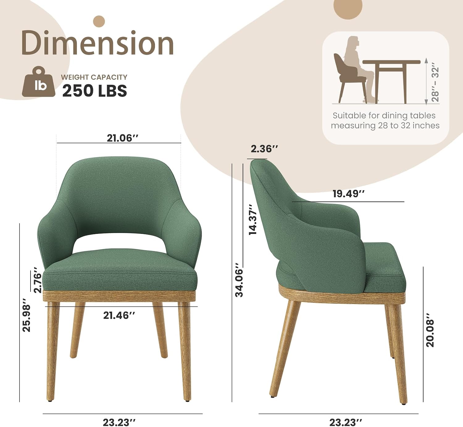 MALOL Wooden Dining Chairs Set of 2, Modern Fabric Upholstered Dining Room Chair, Kitchen Side Chairs, Farmhouse Dinner Chair with Open Back for Kitchen, Green