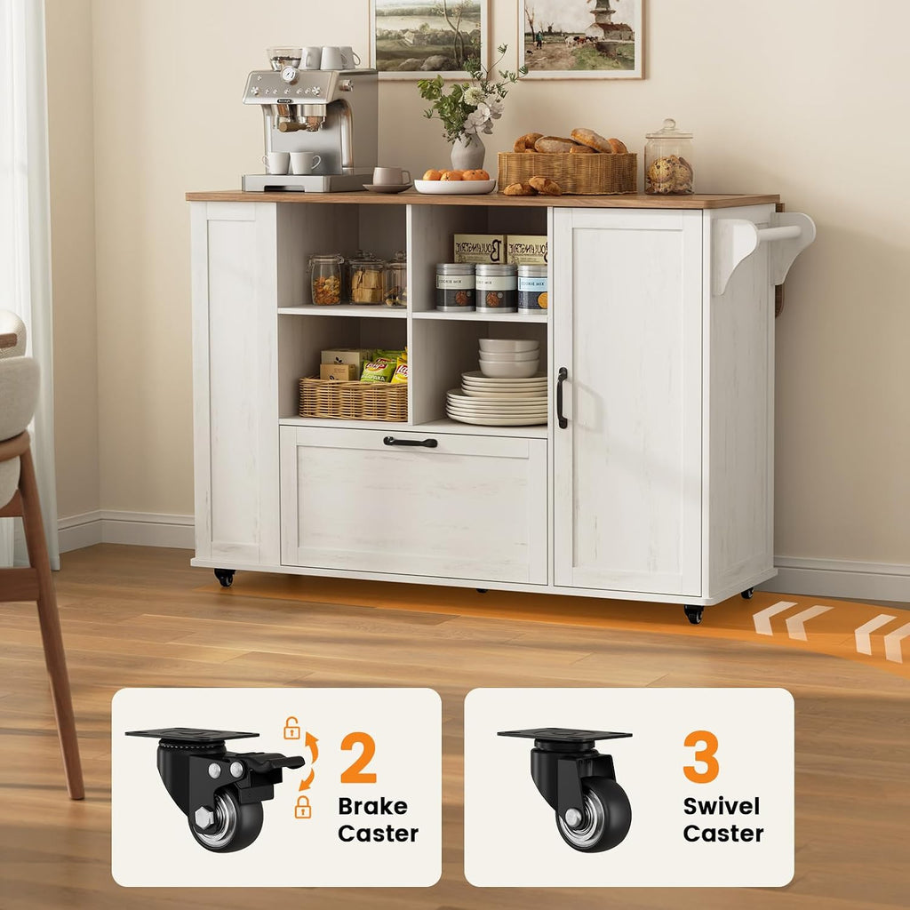 51" Kitchen Island with Storage & Drop Leaf, Farmhouse Rolling Kitchen Island on Wheels with Power Outlet, Spice Rack,Portable Island Table with Drawer & Cabinet for Kitchen, White