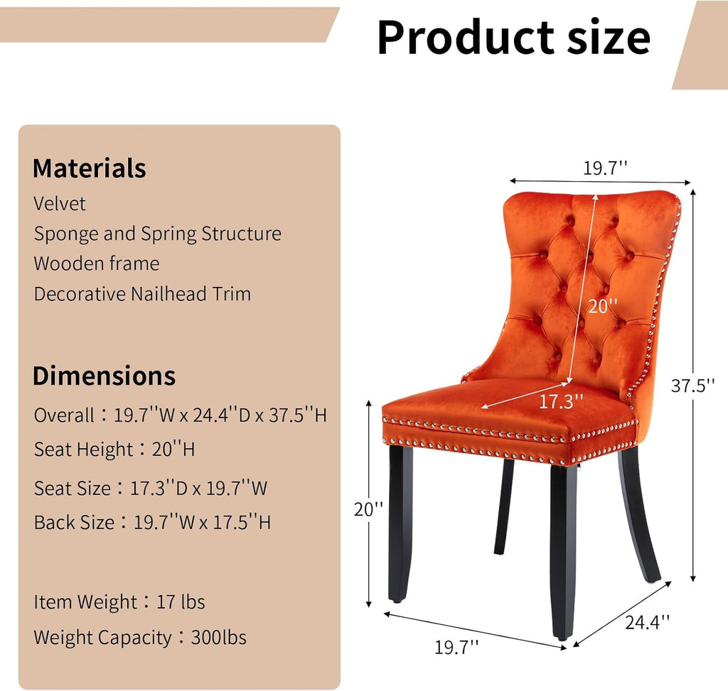 Modern Dining Chairs Set of 4, Tufted Upholstered Dining Chair with Solid Wood Legs, Orange Velvet Accent Chair, Sillas de Comedor, 4 Dining Chairs (Orange, Velvet, 4Pcs)