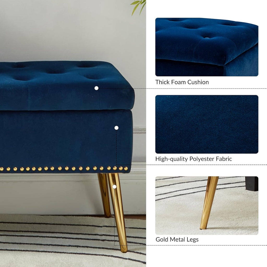 45.5" Luxury Velvet Storage Ottoman Bench with Button Tufted & Nailhead Trim, Upholstered Entryway Benches with Gold Legs, Multi-Functional Footstool for Bedroom End of Bed, Navy