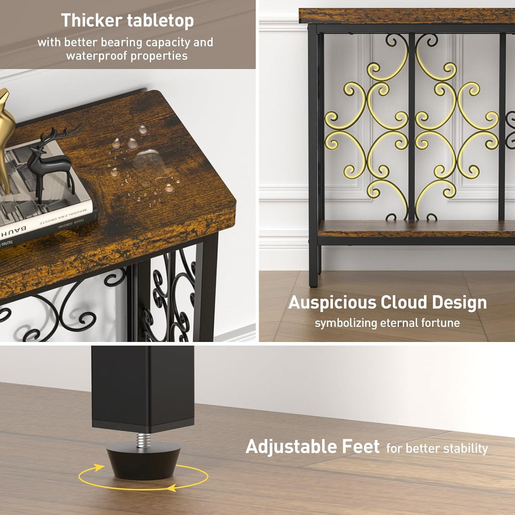ikkle 70.9" Extra Long Console Table, Industrial Narrow Sofa Table Behind Couch with 2 Tier Storage Shelf, Entryway Hallway Accent Table for Living Room, Foyer, Rustic Brown