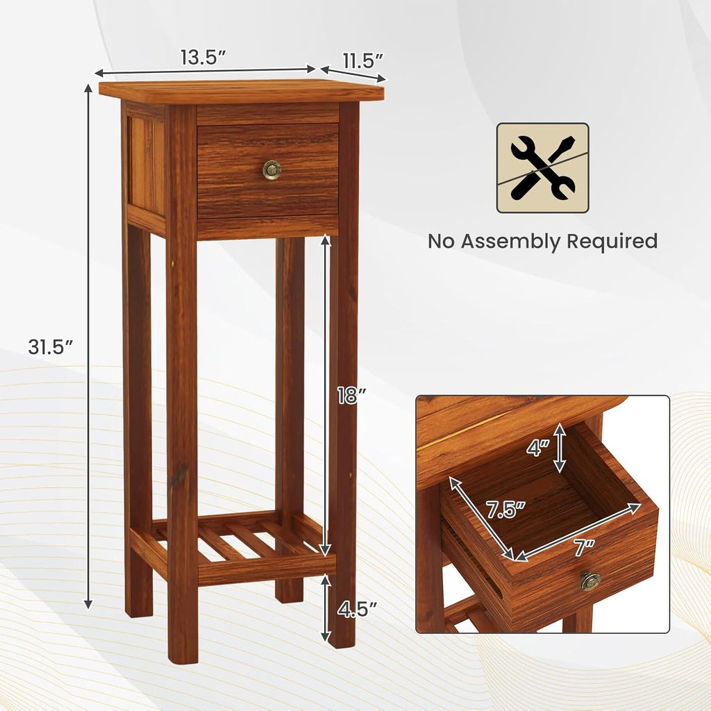 SlickBlue 2-Tier Slim Bedside Table with Drawer and Shelf for Living Room Bedroom
