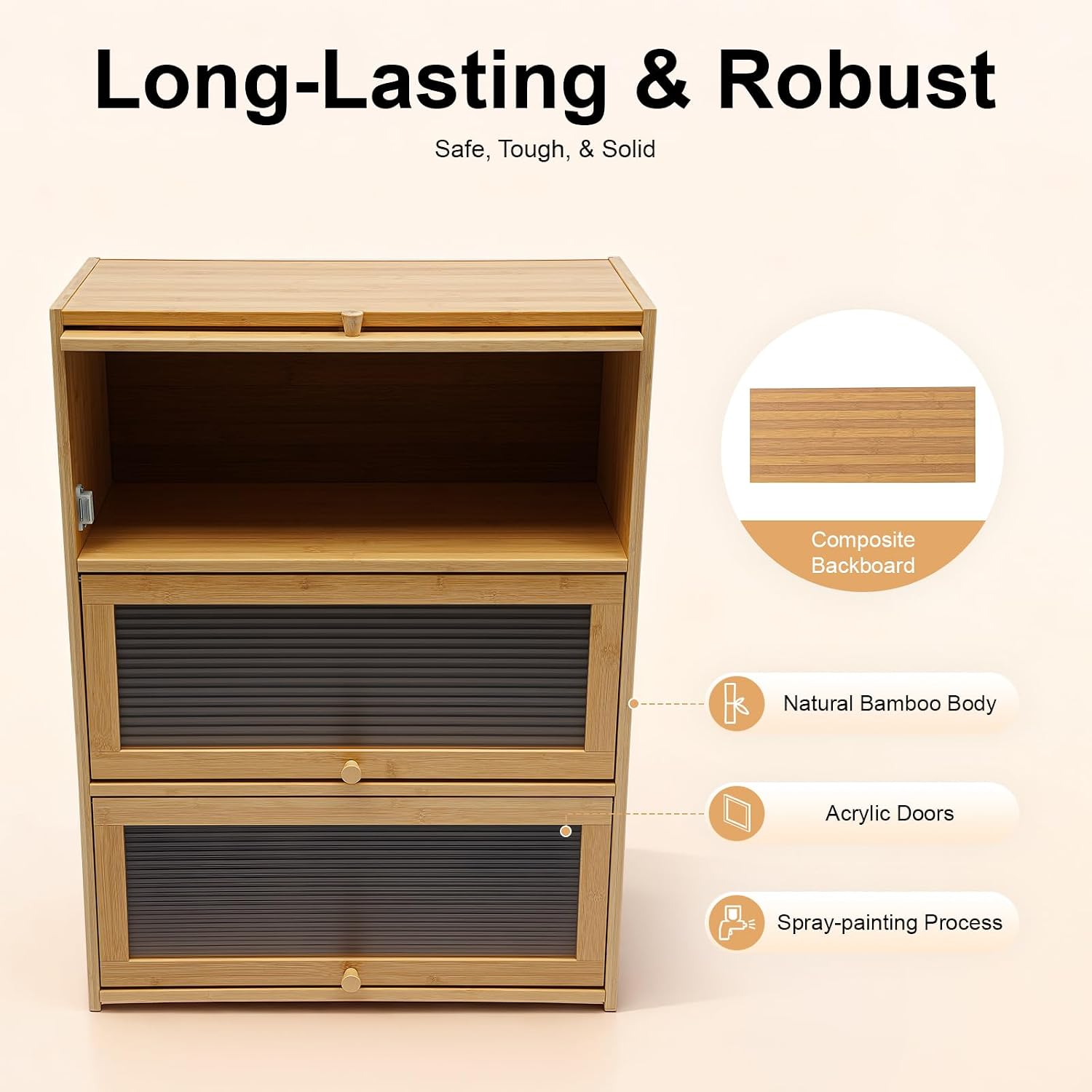 Kitchen Pantry Sideboard Small Bamboo Cabinet with 3 Clear Acrylic Doors Freestanding Countertop Storage for Dishes Bottles Spices