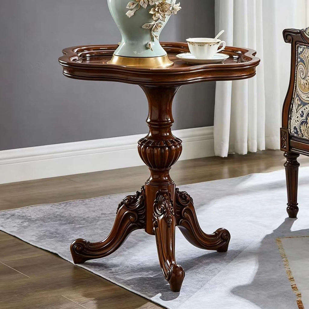 Solid Wood Carved Side Table, Vintage Round End Table with Raised Edge, Tripod Base for Living Room Sofa Bedroom Nightstand (Walnut)