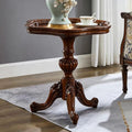 Solid Wood Carved Side Table, Vintage Round End Table with Raised Edge, Tripod Base for Living Room Sofa Bedroom Nightstand (Walnut)