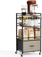 Coffee Bar Cabinet with Storage，5 Tier Coffee Station Table on Wheels, 33.6" H Cart with Drawer for Home Kitchen, Liquor Buffet Sideboard Cabinet (Black)
