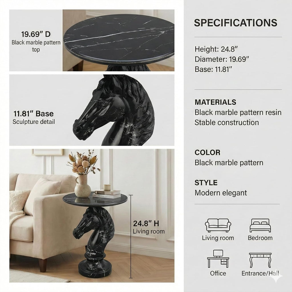 Horse Head Side Table, Faux Marble Round End Table with Resin Sculpture Pedestal Base, Small Accent Table for Living Room Bedroom Office, Modern Glam Decor, Black