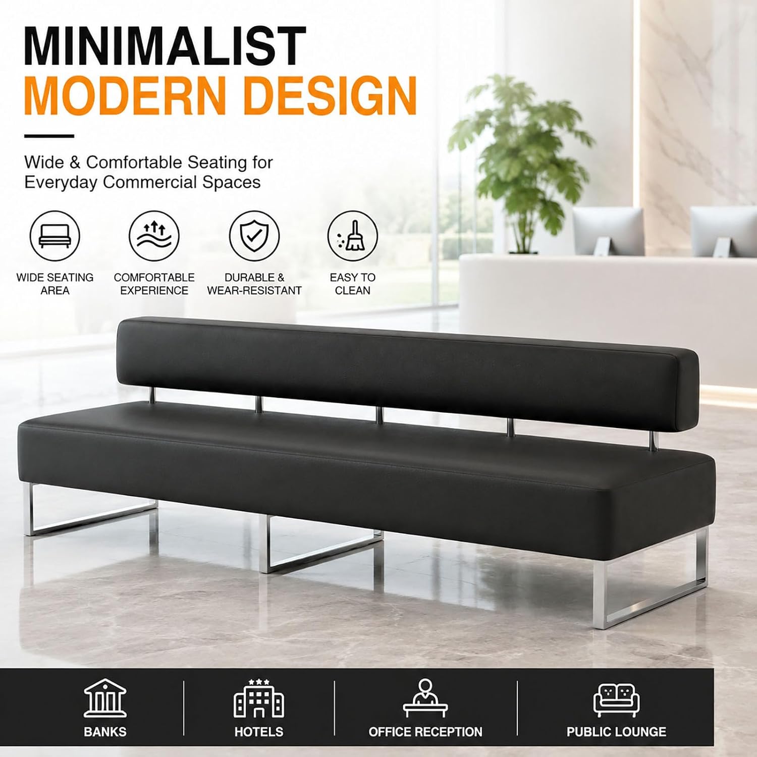 PU Leather Reception Bench Sofa, Modular Waiting Room Seating with Backrest, Commercial Lobby Couch for Hotel Bank Office Salon Training Center Lounge