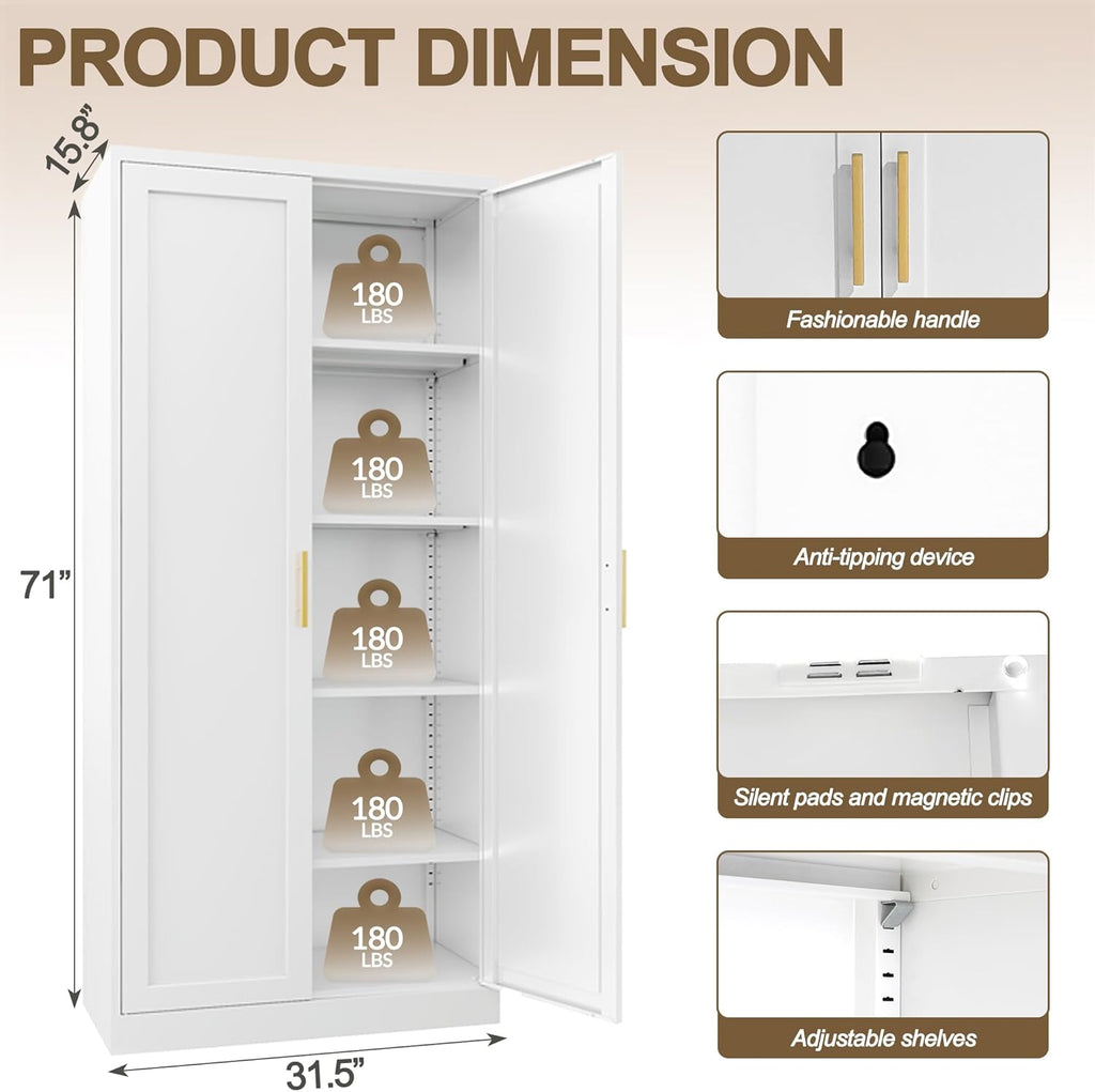 71" Tall White Metal Pantry Cabinet, Freestanding Storage Cupboard with Doors & 4 Adjustable Shelves, for Kitchen, Dining Room & Living Room