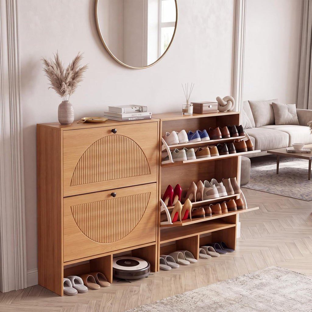 GRUSIGN Shoe Cabinet with 2 Flip Drawers, Narrow Shoe Cabinet Storage for Entryway, Freestanding Shoe Organizer with Adjustable Shelves & Anti-Tipping Device, Shoe Rack Cabinet for Hallway, Foyer