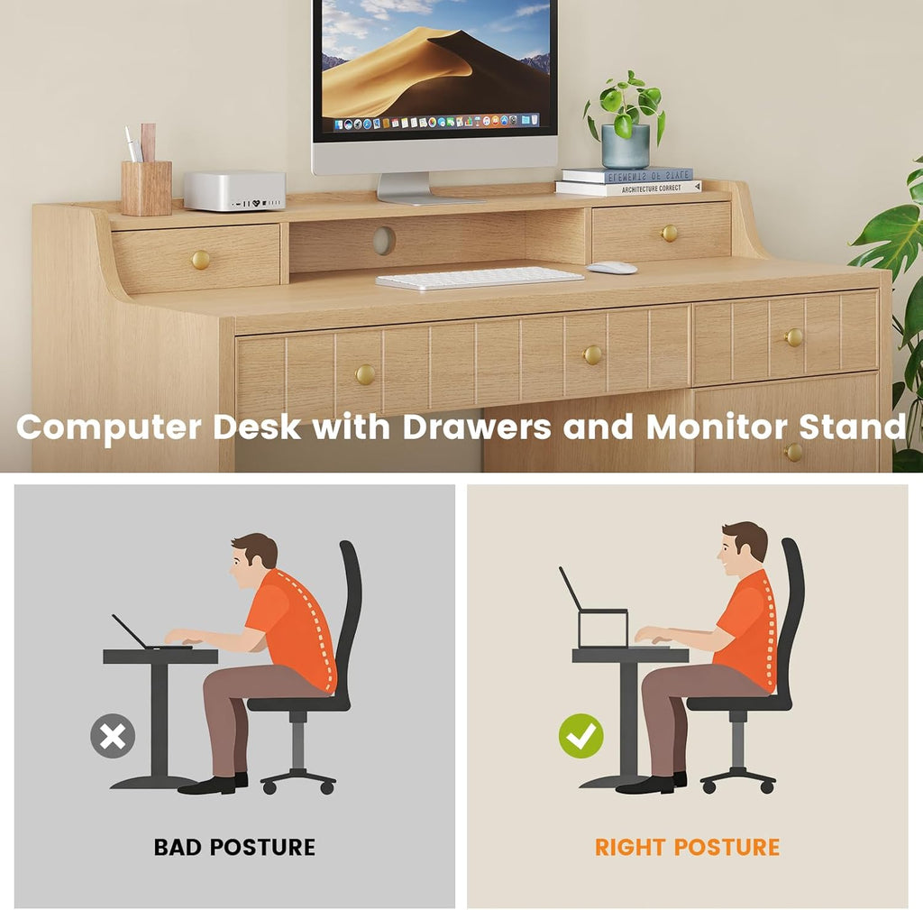Office Desk with Drawers, 47" Wide Small Desk with File Drawer, Study Table Wood Writing Desk with Long Monitor Stand for Bedroom,Home Office