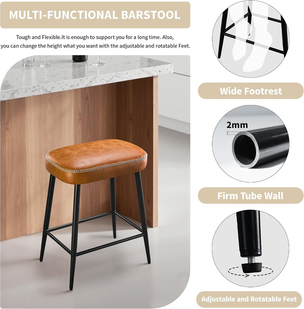 STOOLINK 24 Inch Bar Stools Set of 2, Counter Height Bar Stool for Kitchen Island, Metal Bar Stools for Counter, Modern Kitchen Stools with Sturdy Metal Base and Adjustable Foot Pins, Brown