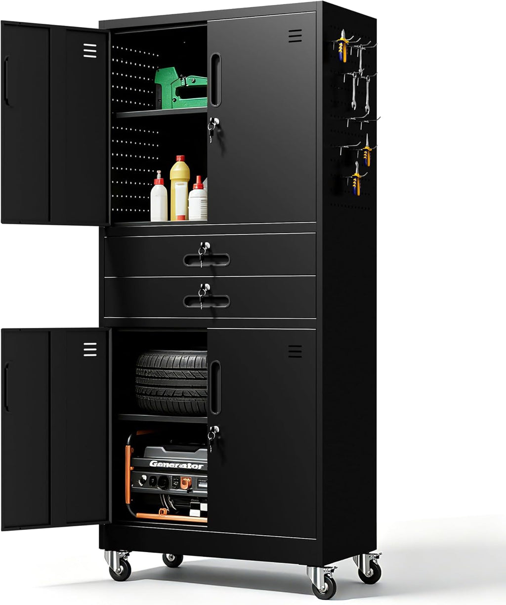 Garage Wall Cabinet, Wall Mounted Cabinet with Up-flip Door and Adjustable Shelf for Garage, Tool Room, Kitchen, Assembly Required (Black, 71''H-2 Doors & 2 Drawer)