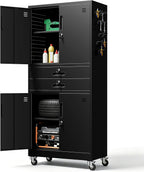 Garage Wall Cabinet, Wall Mounted Cabinet with Up-flip Door and Adjustable Shelf for Garage, Tool Room, Kitchen, Assembly Required (Black, 71''H-2 Doors & 2 Drawer)