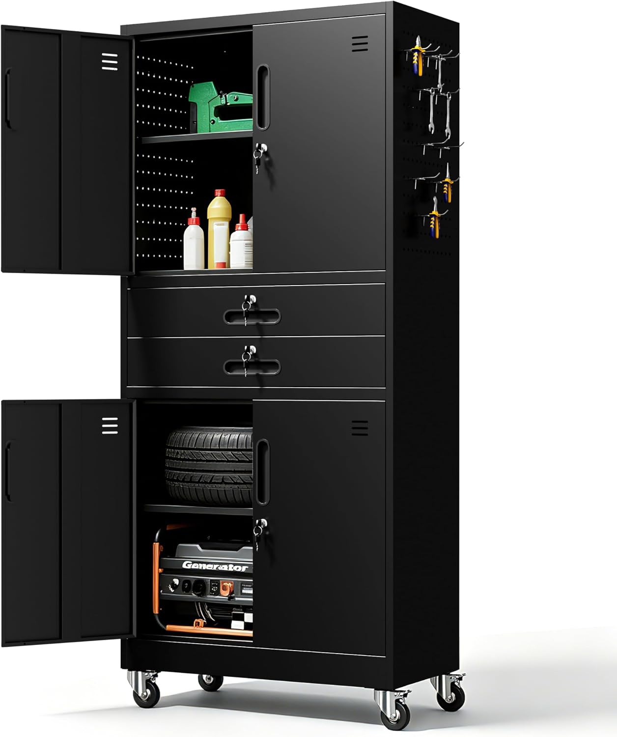 Garage Wall Cabinet, Wall Mounted Cabinet with Up-flip Door and Adjustable Shelf for Garage, Tool Room, Kitchen, Assembly Required (Black, 71''H-2 Doors & 2 Drawer)