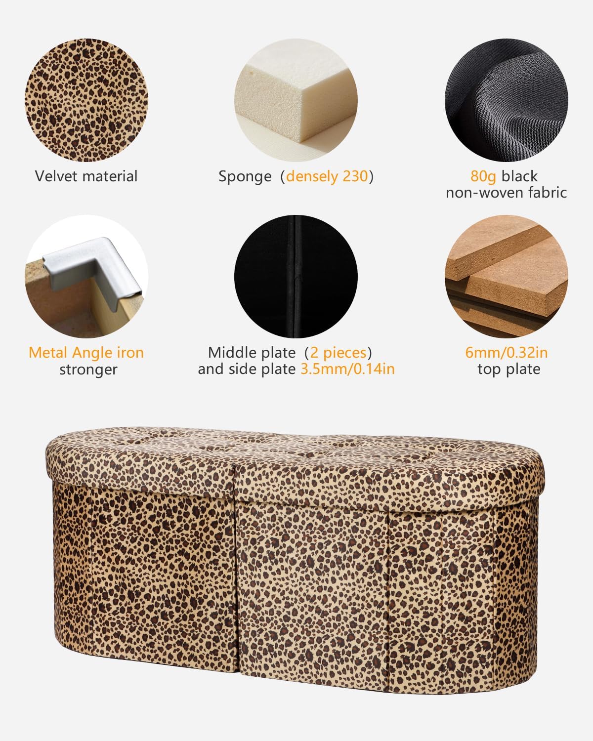 AmasSmile Footrest Ottoman Bench with Storage,34Inch Footstool, Coffee Table, Padded Seat, Storage Chest,Blanket Store with Flipping Lid for Livingroom and Bedroom (Leopard Print(Velvet))