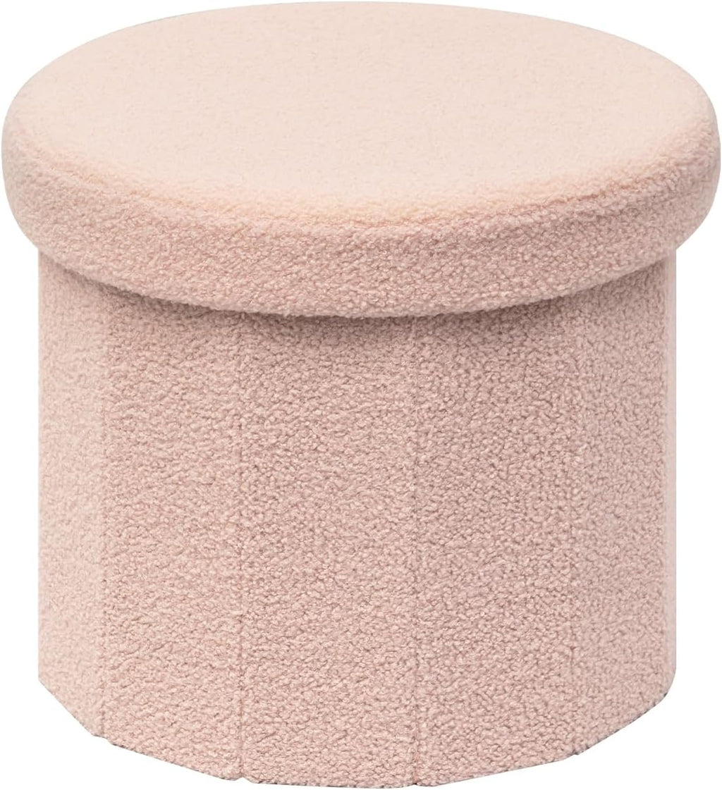 Round Boucle Storage Ottoman, 15" Small Upholstered Footstool with Storage, Compact Teddy Ottoman Footrest for Living Room, Bedroom, Dorm, Pink