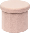 Round Boucle Storage Ottoman, 15" Small Upholstered Footstool with Storage, Compact Teddy Ottoman Footrest for Living Room, Bedroom, Dorm, Pink