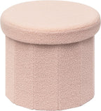 Round Boucle Storage Ottoman, 15" Small Upholstered Footstool with Storage, Compact Teddy Ottoman Footrest for Living Room, Bedroom, Dorm, Pink