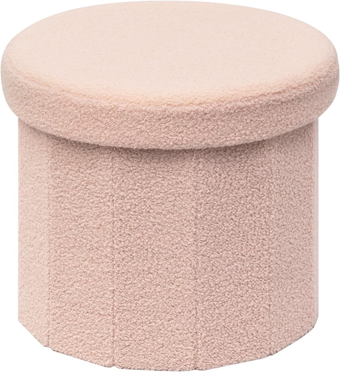 Round Boucle Storage Ottoman, 15" Small Upholstered Footstool with Storage, Compact Teddy Ottoman Footrest for Living Room, Bedroom, Dorm, Pink
