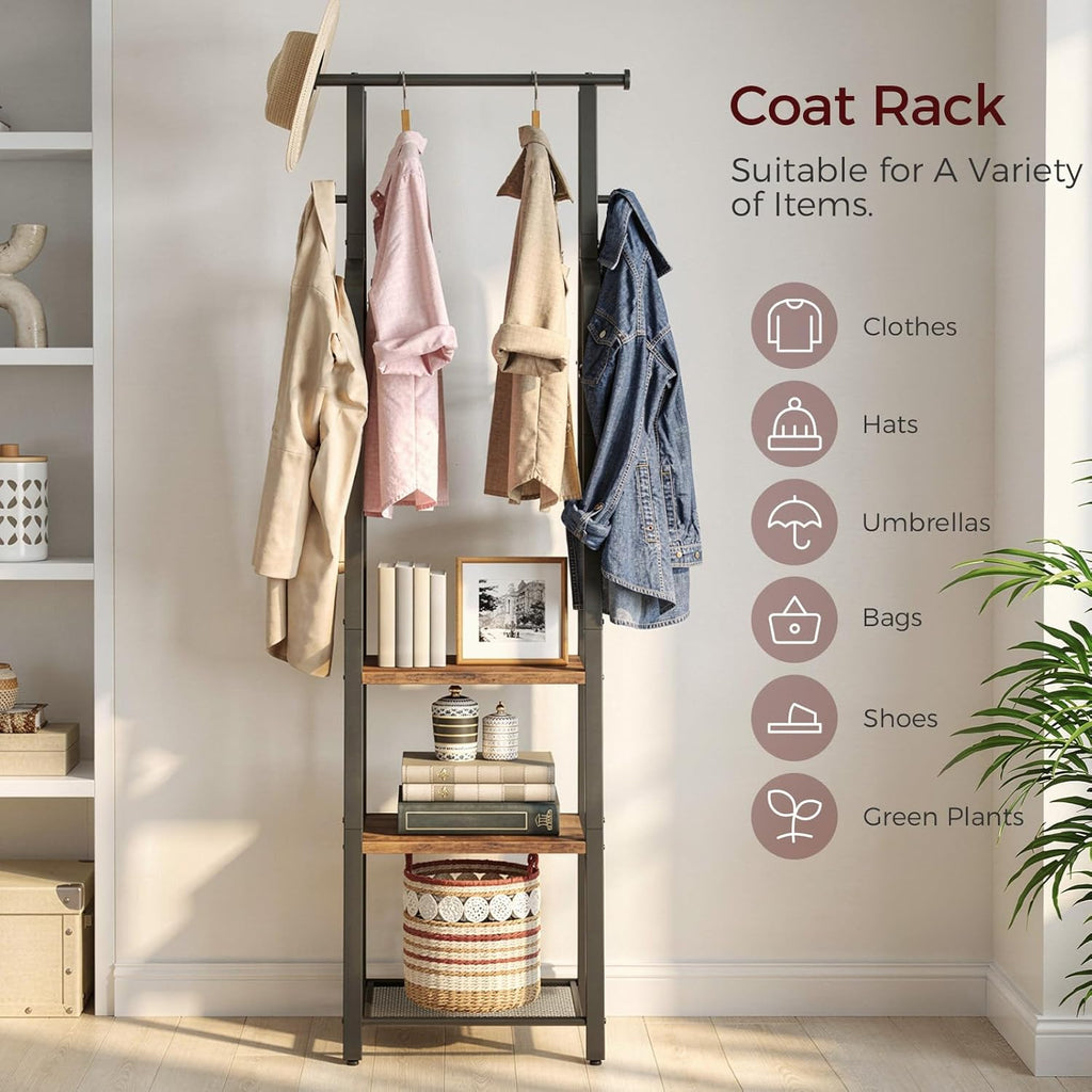 MAHANCRIS Coat Rack Freestanding, Hall Tree with 3-Shelves and 8 Hooks, Industrial Clothes Rack Stand Organizer for Entryway, Bedroom, Bags, Hats, Scarves, Rustic Brown and Black CRHR14901