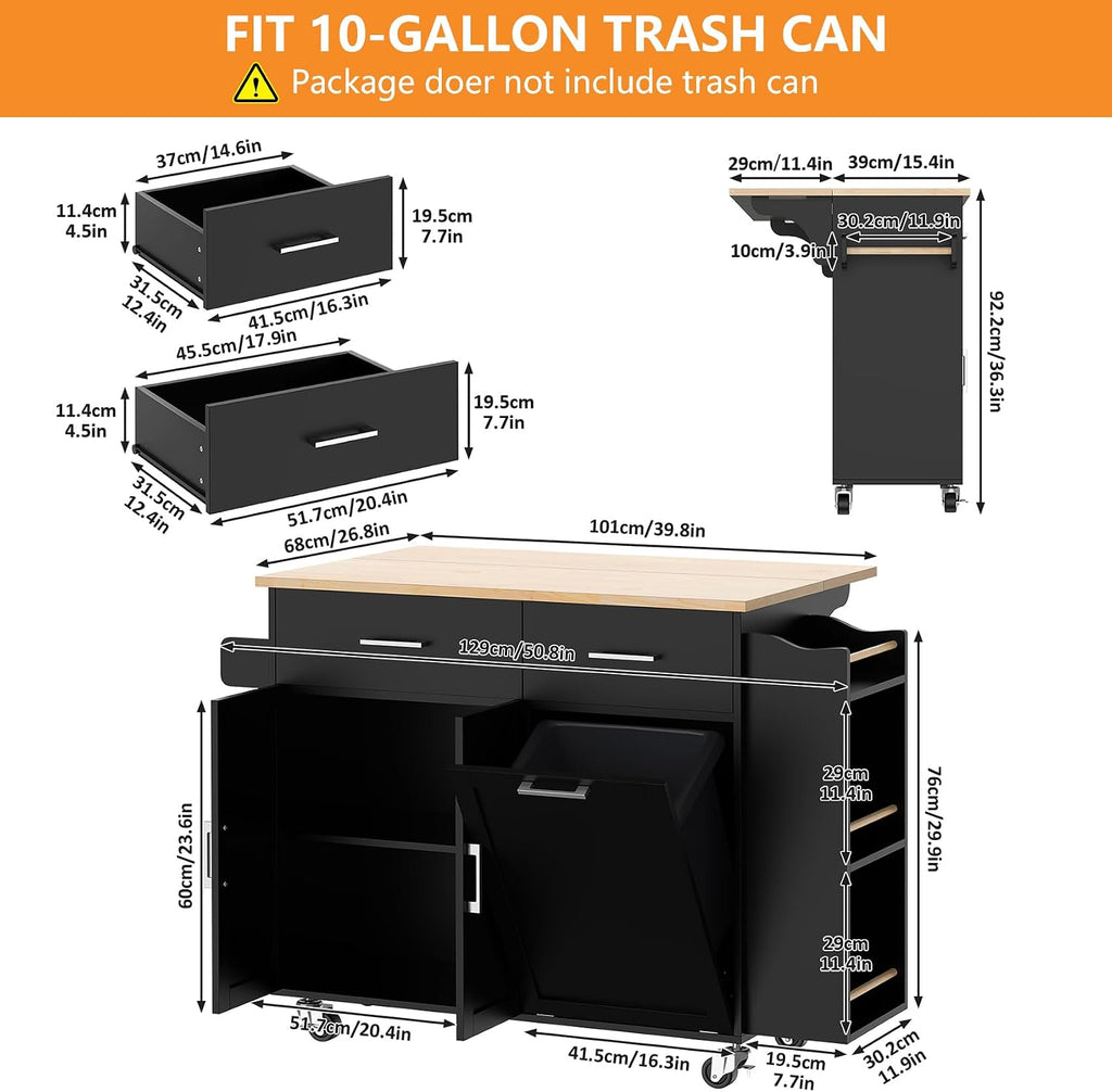 Bigbiglife Kitchen Island with Storage, 50.8" Rolling Kitchen Island Cart with Drop Leaf & Storage - Mobile Kitchen Organizer with Wheels, Rubberwood Top, Trash Can Cabinet & Towel Rack, Black
