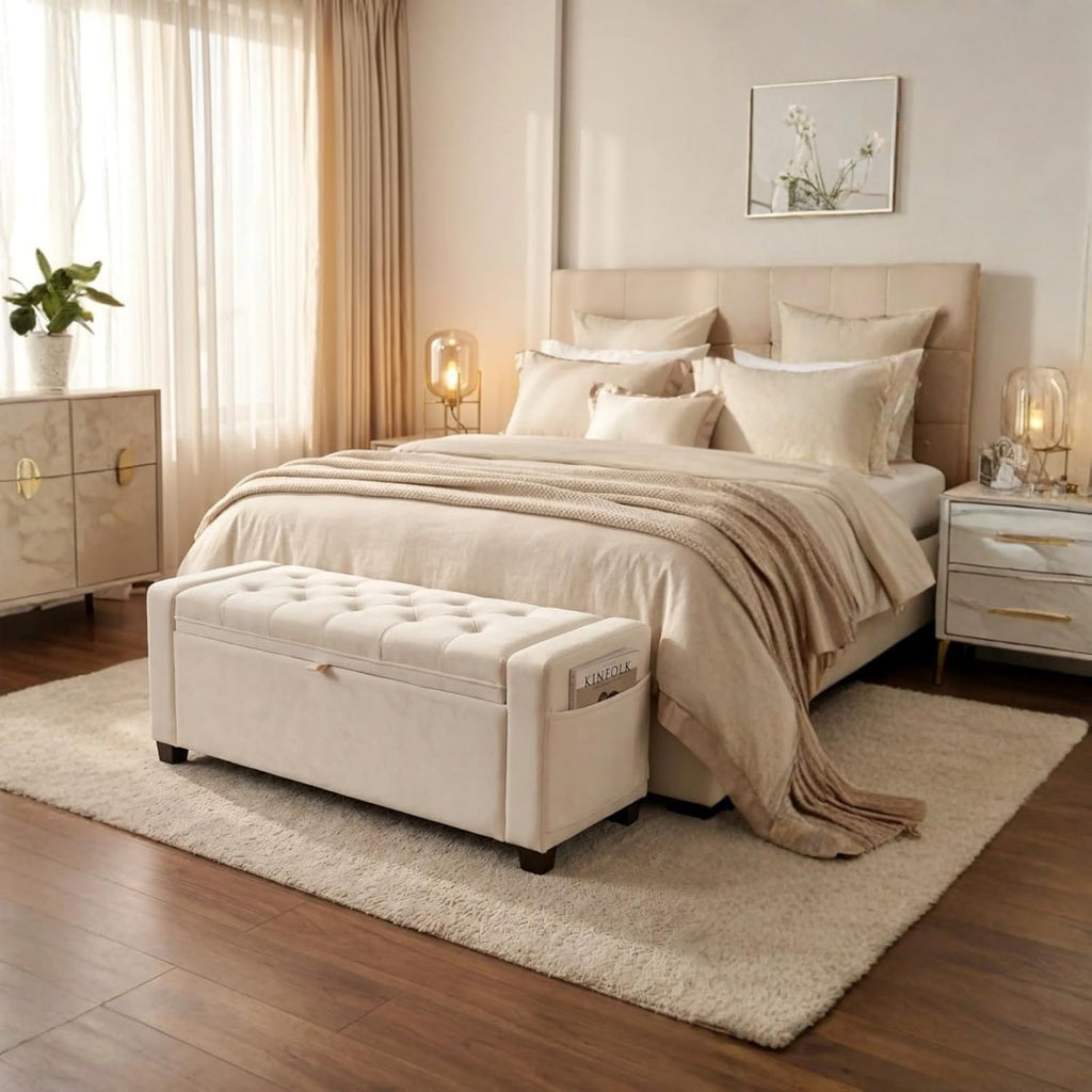 Storage Ottoman Bench for Bedroom, End of Bed Bench with Hidden Storage, Upholstered Tufted Linen Ottoman with Safety Hinge, Bedroom Bench with Storage, 43 Inch, 350lb, Linen Beige
