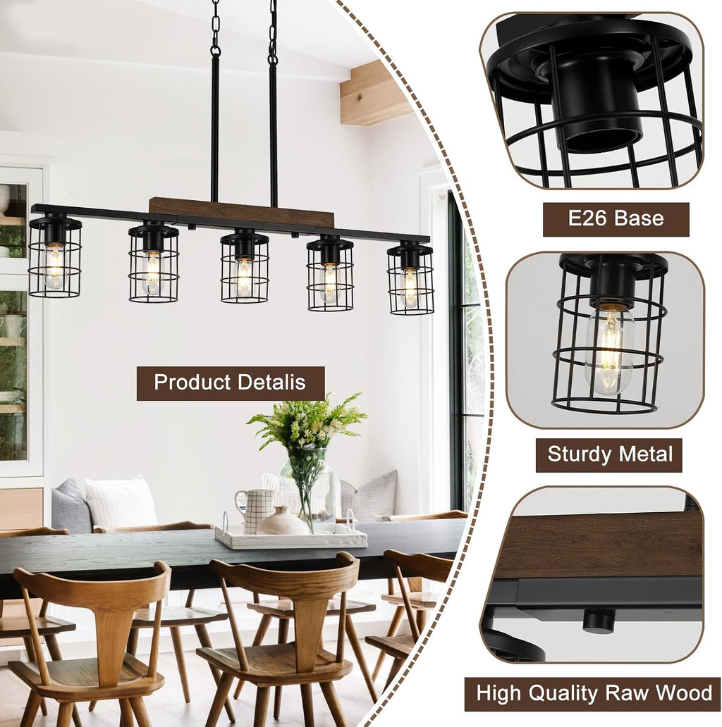 36" Farmhouse Kitchen Light Fixture, Black Hanging Kitchen Chandelier, 5-Light Rustic Dining Room Light Adjustable Height with Wood and Metal Frame, Suit for Farmhouse, Industrial Style