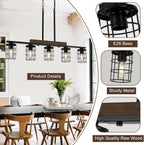 36" Farmhouse Kitchen Light Fixture, Black Hanging Kitchen Chandelier, 5-Light Rustic Dining Room Light Adjustable Height with Wood and Metal Frame, Suit for Farmhouse, Industrial Style