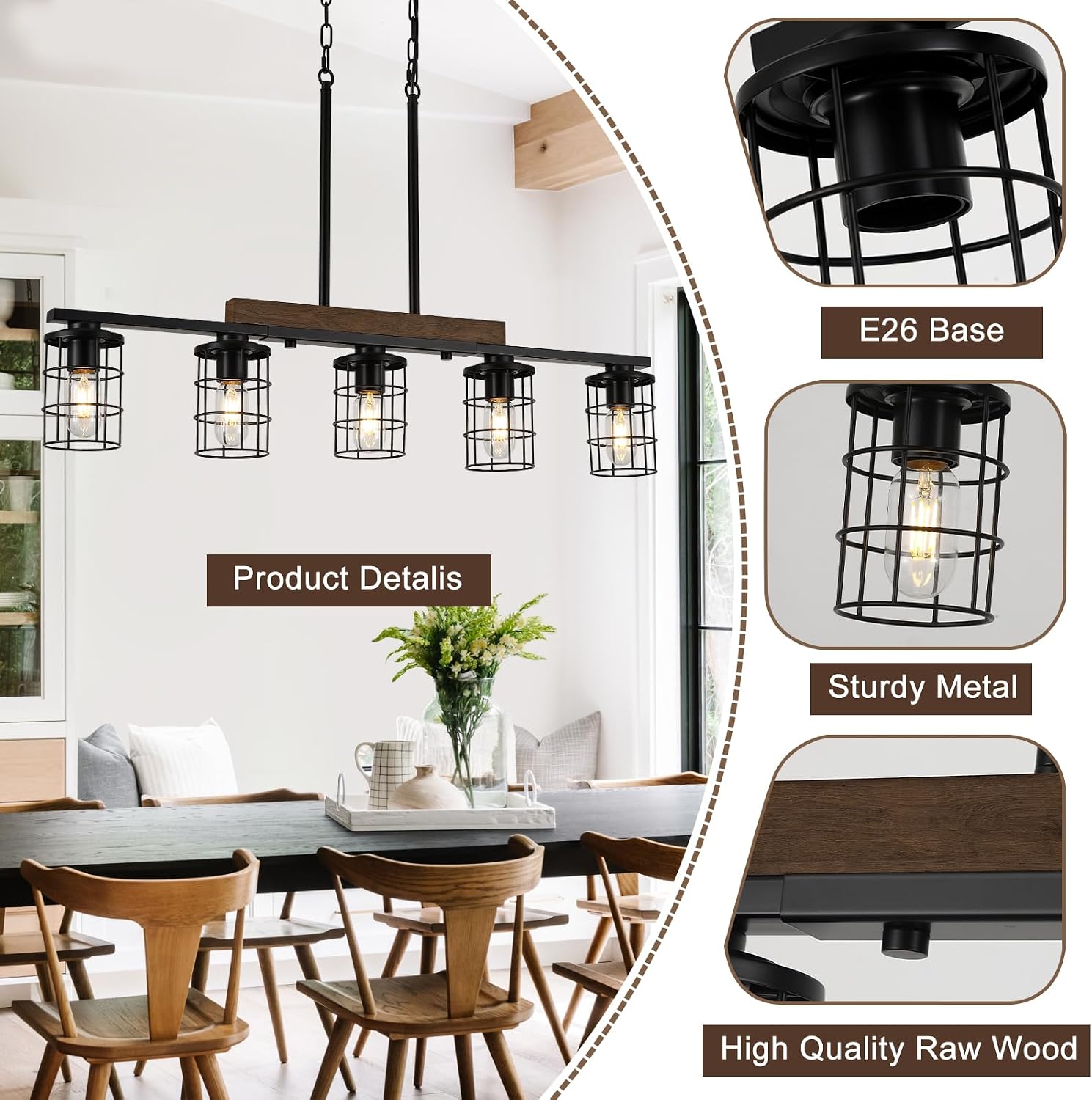 36" Farmhouse Kitchen Light Fixture, Black Hanging Kitchen Chandelier, 5-Light Rustic Dining Room Light Adjustable Height with Wood and Metal Frame, Suit for Farmhouse, Industrial Style