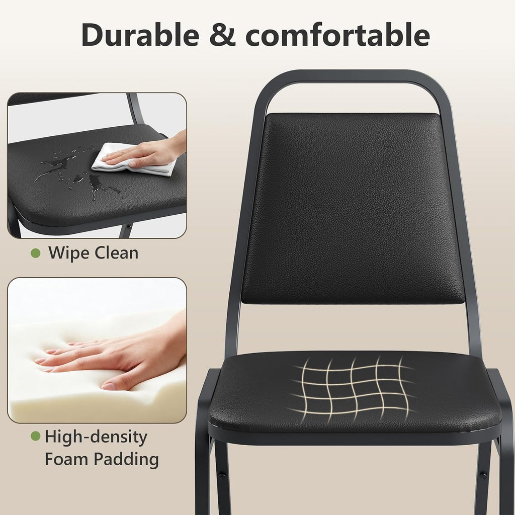 Stacking Chairs Set of 4,Stackable Office Chairs with Faux Leather Upholstered Seat,Heavy Duty Metal Frame Guest Chairs, No Assembly Conference Chairs for Meeting,Training & Reception Room, Black