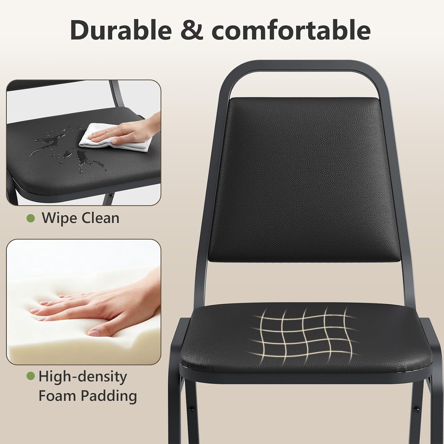 Stacking Chairs Set of 4,Stackable Office Chairs with Faux Leather Upholstered Seat,Heavy Duty Metal Frame Guest Chairs, No Assembly Conference Chairs for Meeting,Training & Reception Room, Black