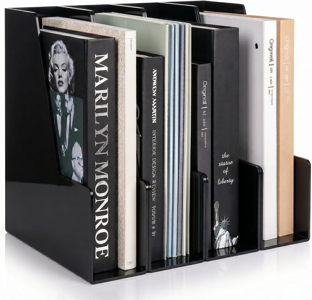LALOBLUE 4 Pack Black Vertical Magazine File Holder Desk Organizer Bins | Plastic, Holds Magazines, Binders, Notebooks, Envelopes, 4 Pack Black Vertical Magazine File Holder Desk Organizer Bins