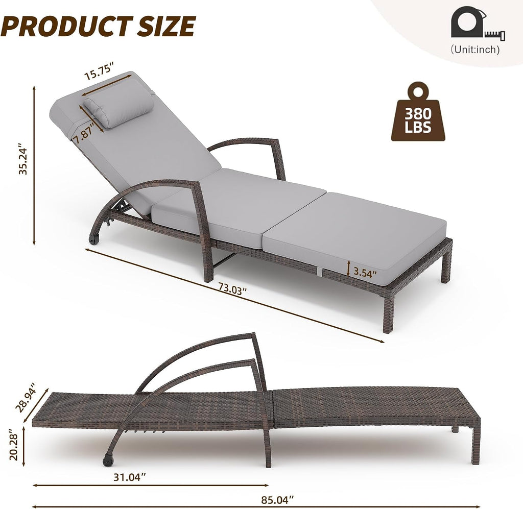 GAOMON Outdoor Lounge Chairs Set of 2, PE Rattan Wicker Chaise Lounge with Cushions and Wheels, Adjustable 5-Position, Patio Lounge Chairs for Outside Poolside Beach, Backyard Relaxation