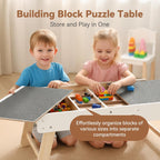 Youuys 3 in 1 Wooden Kids Activity Table & Building Board Compatible with Building Block,Storage Play Table Reversible Top Legs Fold for Easy Under Bed Storage （No Chairs）