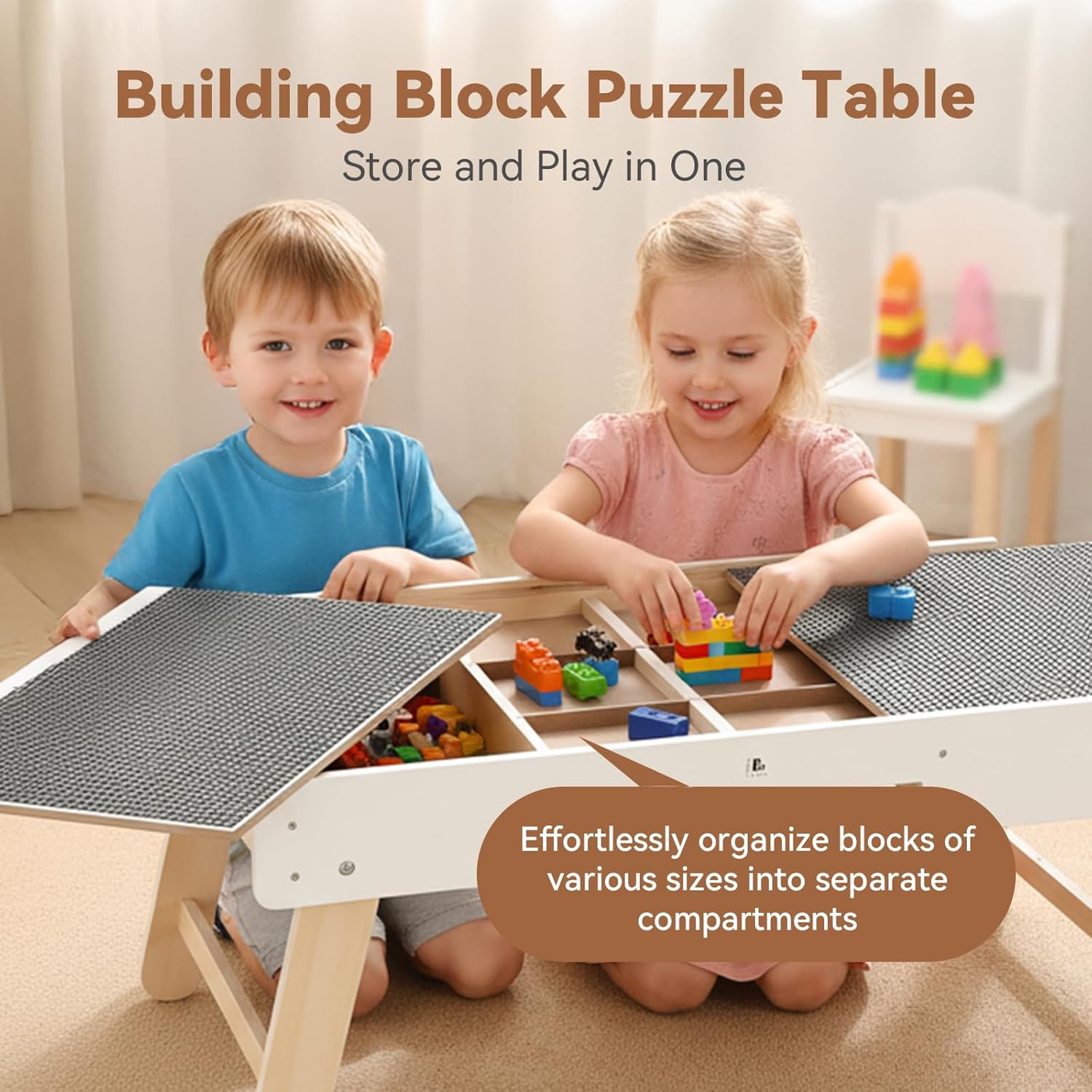 Youuys 3 in 1 Wooden Kids Activity Table & Building Board Compatible with Building Block,Storage Play Table Reversible Top Legs Fold for Easy Under Bed Storage （No Chairs）