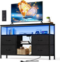 TV Stand Dresser for Bedroom, Entertainment Center with LED Lights & Charging Station, Media Console with 4 Fabric Drawers and Open Storage Shelves for Living Room, Black