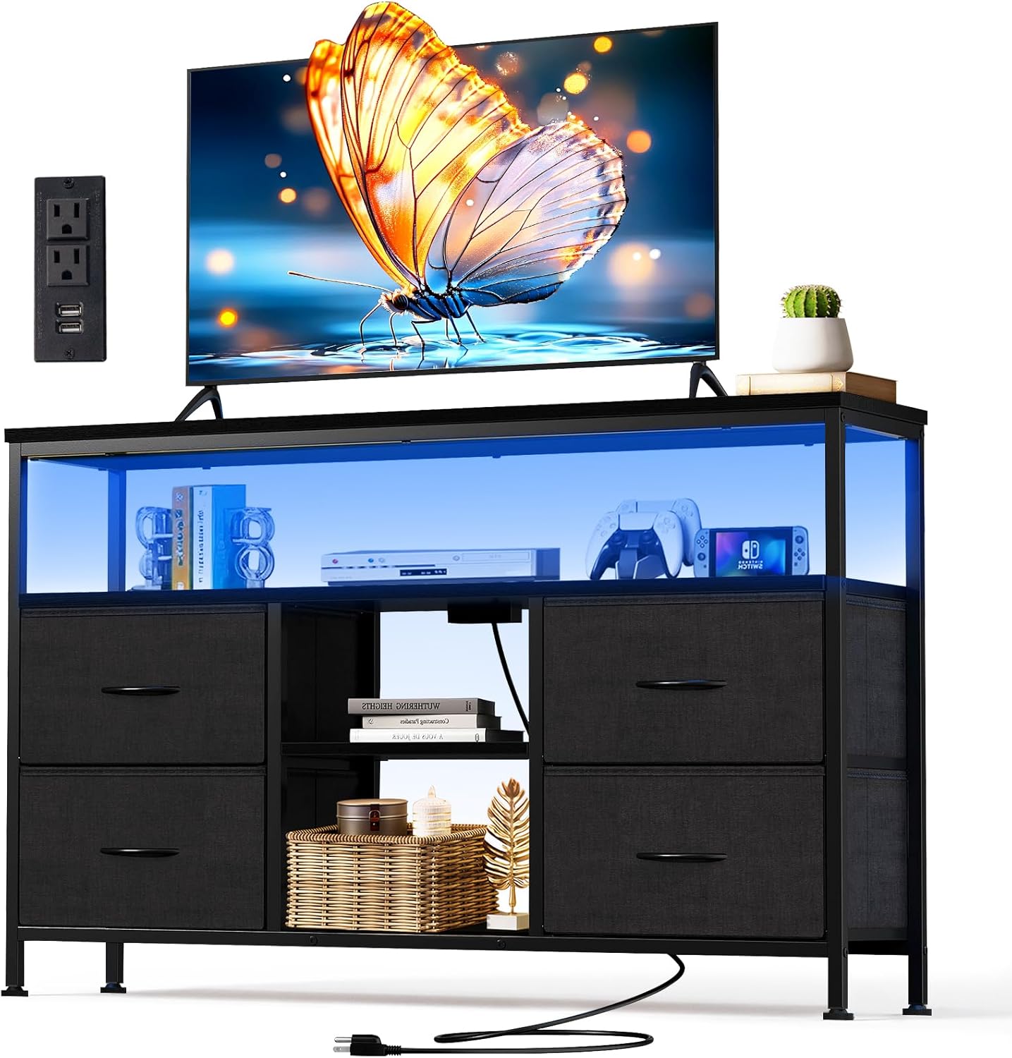 TV Stand Dresser for Bedroom, Entertainment Center with LED Lights & Charging Station, Media Console with 4 Fabric Drawers and Open Storage Shelves for Living Room, Black