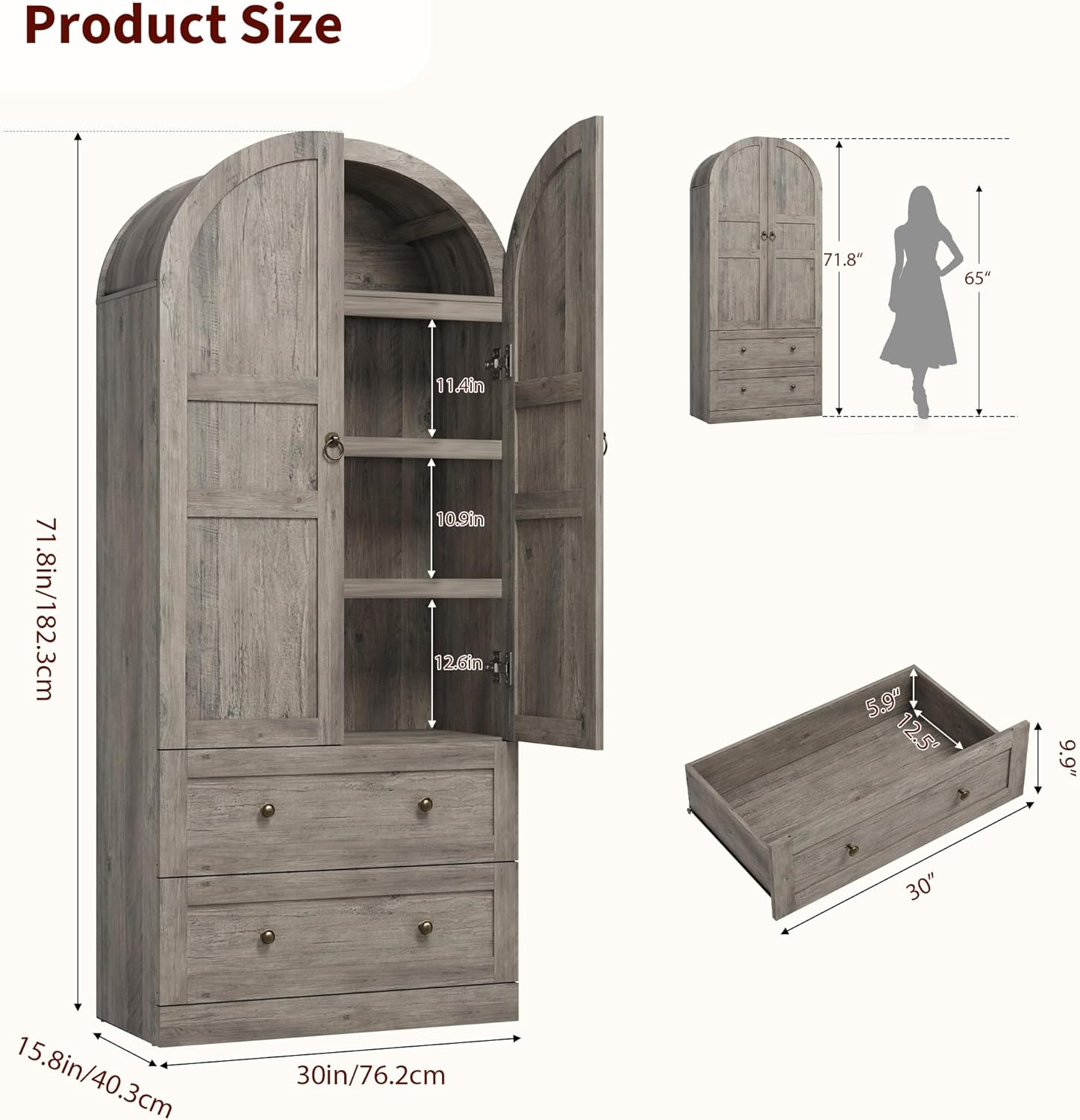 72" Arched Tall Kitchen Pantry Cabinet, Freestanding Farmhouse Kitchen Pantry Storage Cabinet with 2 Large Drawers, Wooden Pantry Cabinets for Kitchen, Dining & Living Room, Rustic Gray