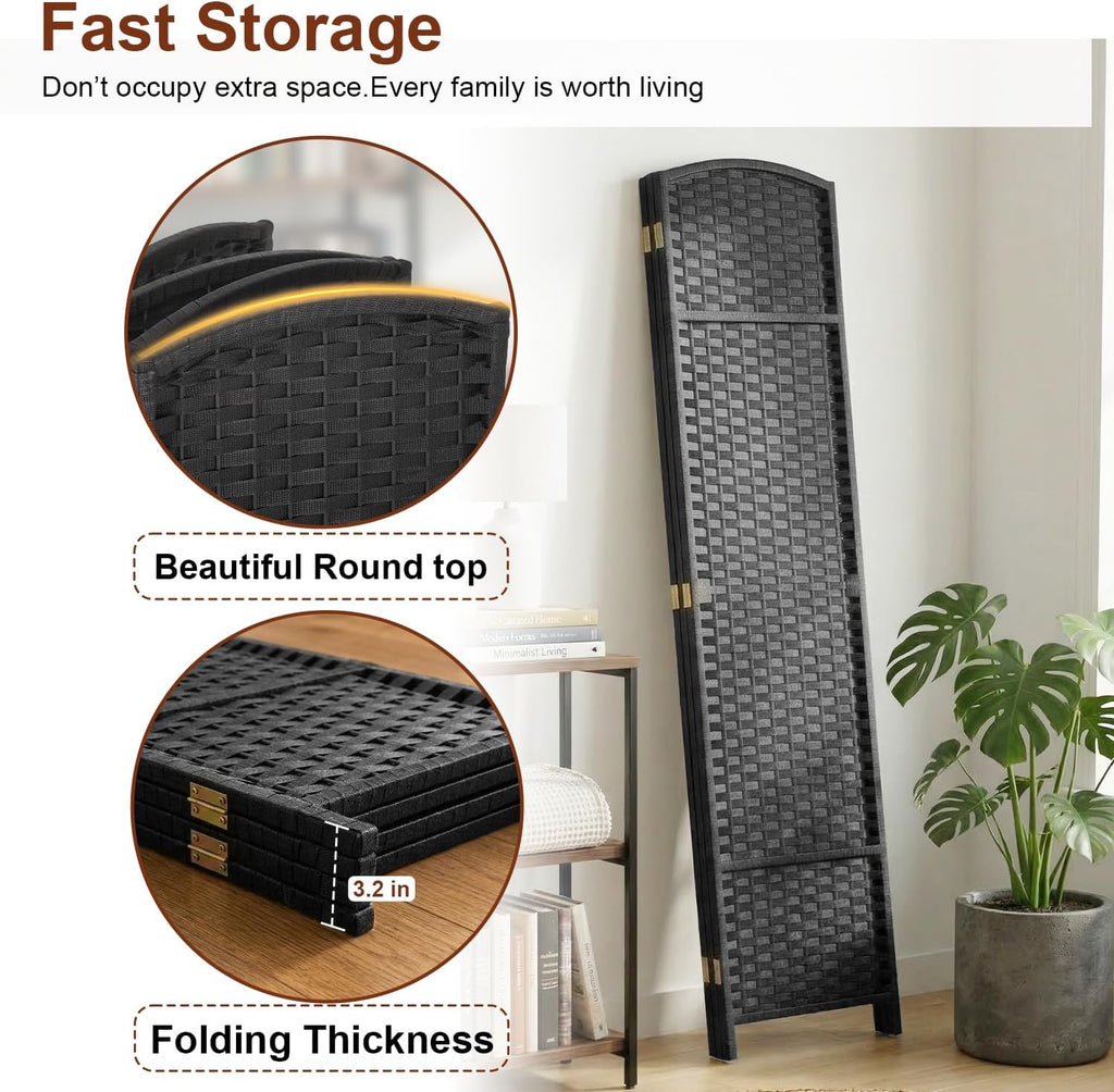 FDW Room Divider 4 Panel Screen 5.6 Ft Tall Partition Privacy Screens Folding Room Separation Free Standing Waterproof Wood Frame Wall Divider, Coal Black